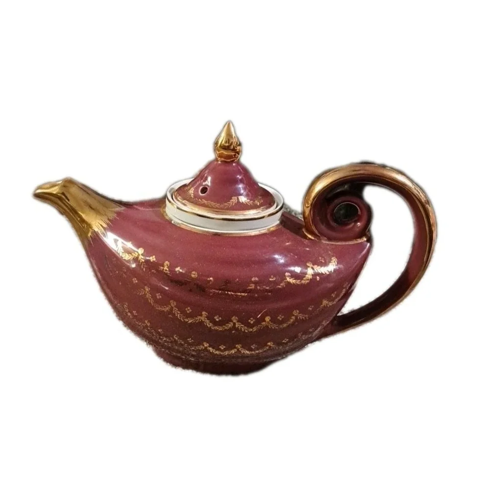Vtg Hall Aladdin Teapot Gold Swag Maroon/Gold W/tea Strainer 6 Cup  Made USA